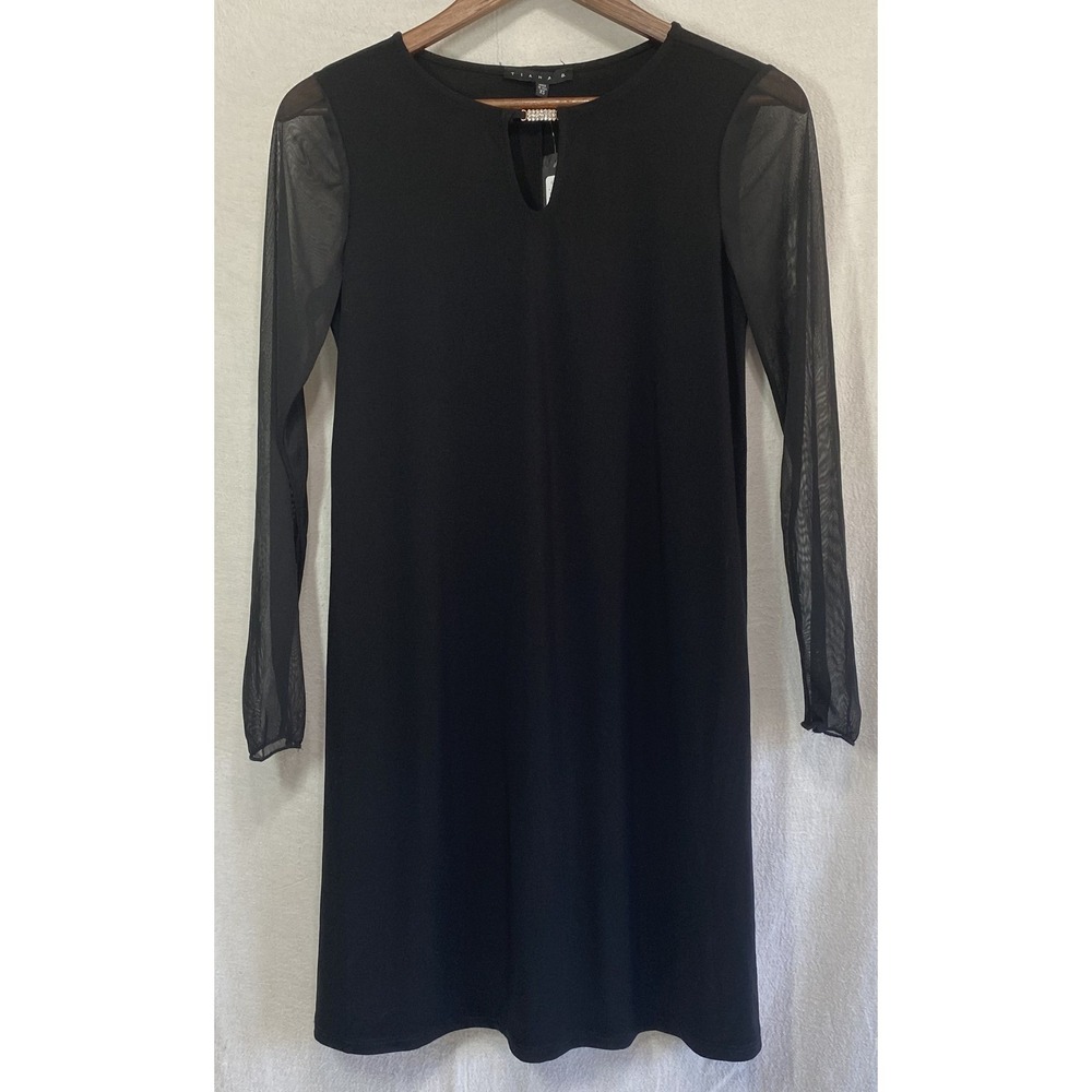 Tiana B Black Sheath Dress XS NWT Mesh‎ Sleeves Keyhole Rhinestone Accent